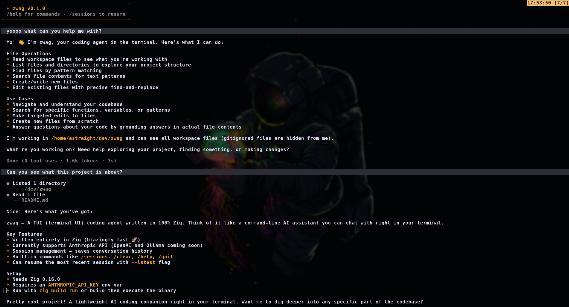 zwag TUI coding agent banner and capabilities